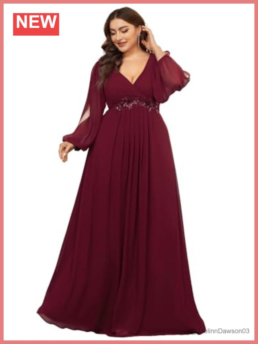Plus Size Formal Dress Floor Length V Neck Lantern Sleeve Chiffon Gown